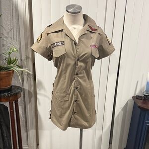 Military-Inspired Khaki Button Front Shirt Dress with Patches and side cut outs